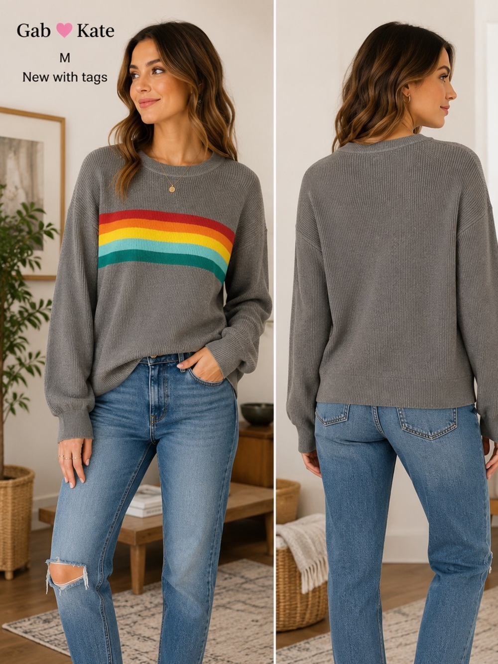 Gab Kate New Rainbow Panel Knit Sweater womens Medium Retro Colorblock Gray Soft